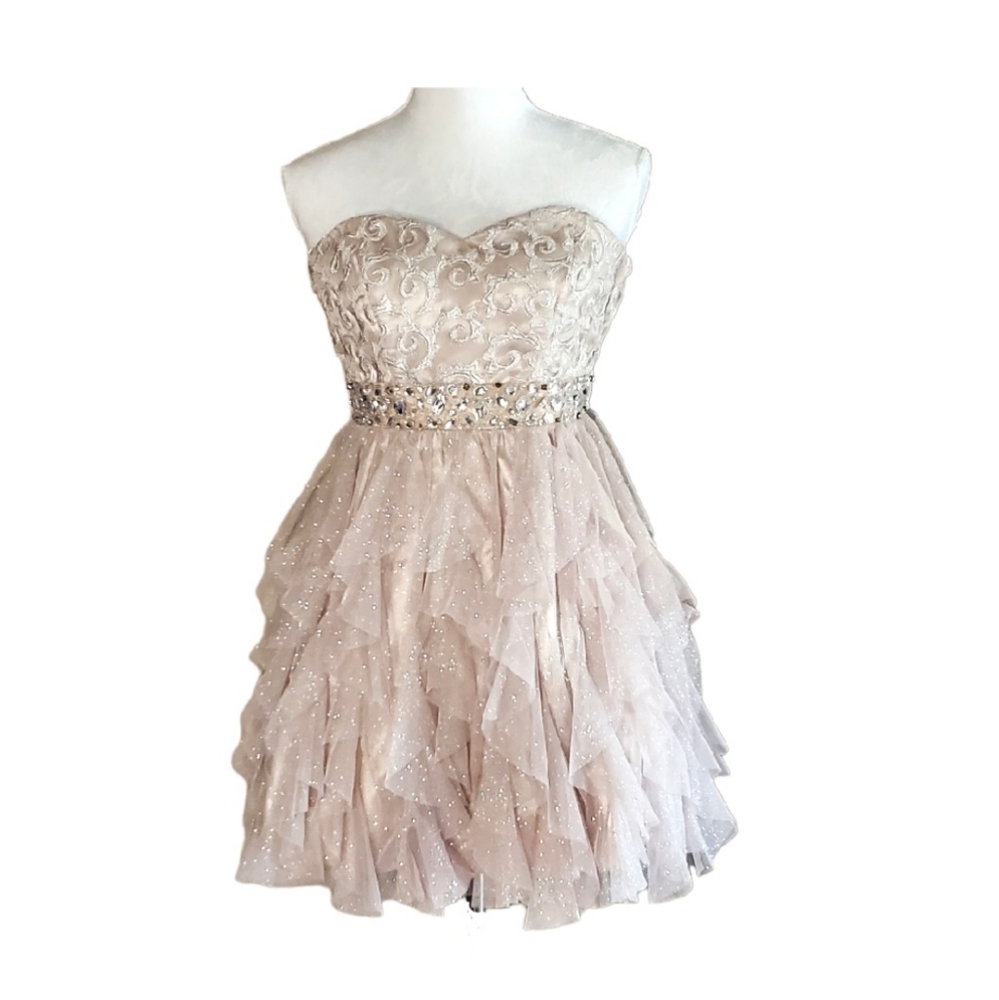 B Darlin Beige Halter Top Embroidered Dress Attached Embellished Belt Size 5 - 6
